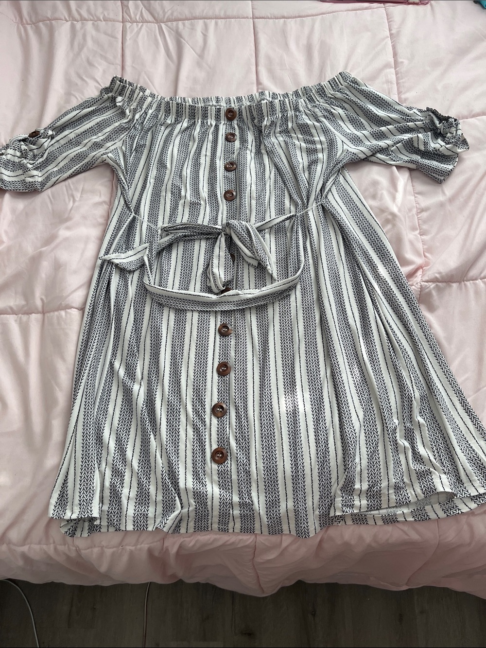 Striped Off-Shoulder Button Front Dress